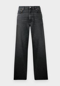 Jeans en denim noir avec une coupe droite, dotés de cinq poches et d'une fermeture à bouton. Le tissu a un léger éclat et une texture visible.