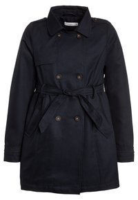 Manteau trench bleu marine avec un devant double boutonnage, des boutons en bronze et une ceinture. Doté d'un col classique et de poches latérales. Texture lisse.