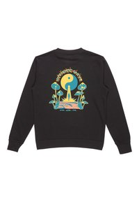 Black sweatshirt with a round neckline, featuring a colorful graphic design of a yin-yang symbol and stylized plants on the back.