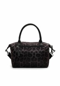 Tasche mit Leopardenmuster, ausgestattet mit einem schwarzen Lederakzent, zwei oberen Griffen und einem abnehmbaren Schultergurt. Eine Reißverschlusstasche an der Vorderseite ist ebenfalls enthalten.