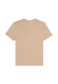 T-shirt beige à manches courtes avec un col rond et un design simple avec des détails de couture minimaux sur la couture de l'épaule.
