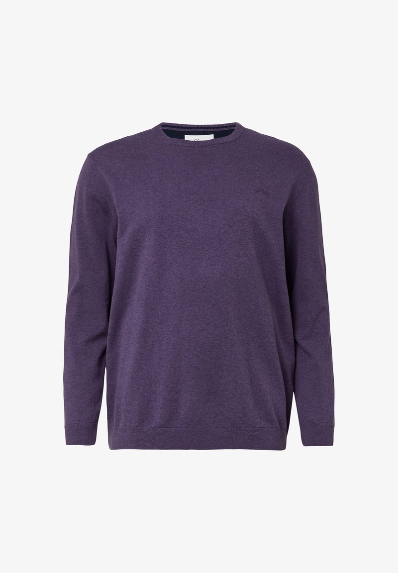 Violetinis megztinis su ilgomis rankovėmis, apvaliu iškirpimu ir raukšlėtais rankogaliais. Pagamintas iš minkštos medžiagos su lygia tekstūra ir minimaliu apipavidalinimu.