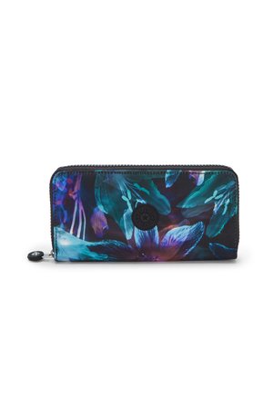 Zippered wallet with a floral pattern in shades of blue, purple, and black. Features a circular logo and durable fabric texture.