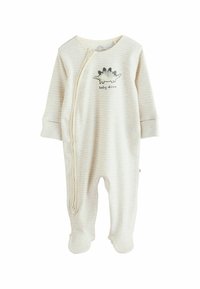 Flødefarvet babyonepiece med lyse striber, der har et dino-grafik og lynlås-lukning. Inkluderer fødder og lange ærmer.