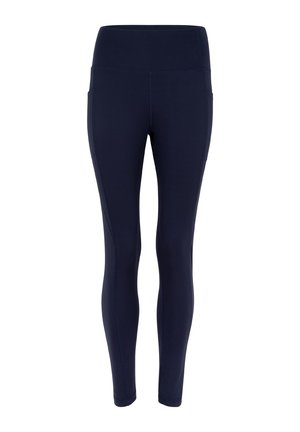 Leggings de color azul marino con elasticidad y una cintura alta, textura suave y bolsillos laterales. Diseñados para ofrecer comodidad y flexibilidad en ropa deportiva.
