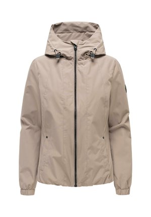Beige hættejakke med lynlås foran, justerbare snore i hætten, elastiske ærmegab og sidelommer.