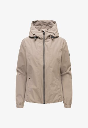 Beige hupparitakki, jossa edessä vetoketju, säädettävät nyöritykset hupussa, joustavat hihansuut ja sivutaskut.