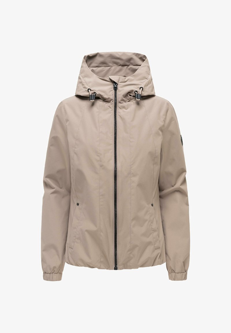 Beżowa kurtka z kapturem, zapinana na zamek z przodu, z regulowanymi sznurkami przy kapturze, elastycznymi mankietami i bocznymi kieszeniami.