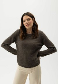 Brauner Pullover mit langen Ärmeln aus weichem Material. Hat einen runden Halsausschnitt und einen gerippten Saum. Kombiniert mit hellen Hosen.