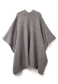 Šedý vlněný pončo s širokými rukávy, kulatým výstřihem a bezšvovým designem. Měkká textura, jemně se drapuje a obsahuje minimální detaily šití.