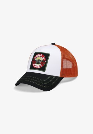 Trucker cap featuring a white front panel, orange mesh sides, black brim, and a stitched logo with roses and text "GUNS N' ROSES."