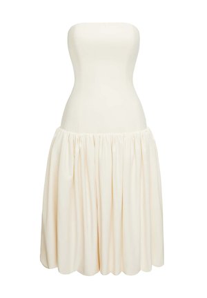 Sukienka bez ramiączek w kolorze kremowym z dopasowaną górą i obszerna, plisowaną spódnicą. Wykonana z gładkiego materiału, charakteryzuje się czystą sylwetką.