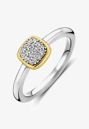 Silver ring with a square gold accent featuring paved white stones, smooth band, polished finish, and subtle curvature in design.