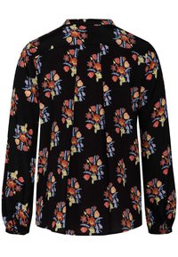 Black blouse with long sleeves, featuring a floral pattern in red, yellow, and blue. Textured fabric with a pleated back detail.