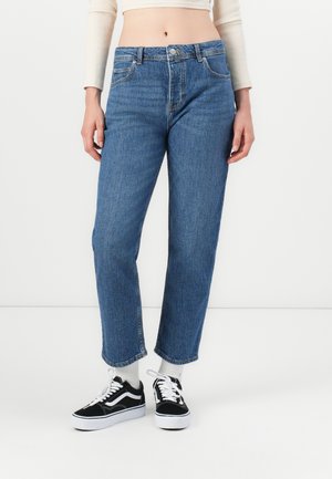 Light blue denim jeans with a relaxed fit and straight leg design. Mid-rise waist, five-pocket style, and subtle stitching details.