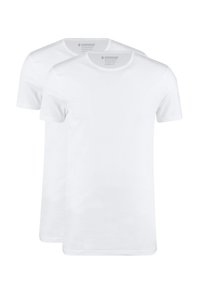 White cotton t-shirts, short-sleeved, crew neck, with a smooth texture. Two shirts displayed together. Minimal branding visible on neckline.