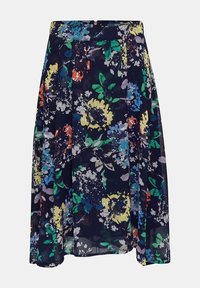 Blommig midikjol i mörk marinblå, med ljusa blommor i gult, blått och grönt. Tillverkad av lätt, flytande tyg med veck.