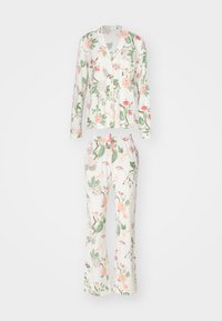 Floral pajama set featuring a long-sleeve button-up top with a pocket and matching pants with an elastic waistband and drawstring.