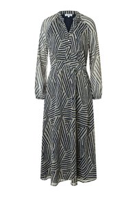 Robe à motifs bleu marine et crème, avec des manches longues, un col en V, une fermeture à boutons et une jupe fluide ornée de dessins géométriques.