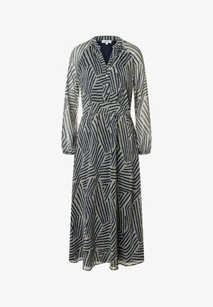 Robe à motifs bleu marine et crème, avec des manches longues, un col en V, une fermeture à boutons et une jupe fluide ornée de dessins géométriques.