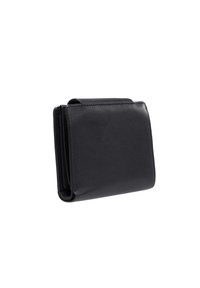 Portefeuille en cuir noir avec une texture lisse, design plié et structure minimaliste. Comprend plusieurs emplacements pour cartes et une poche à pièces.