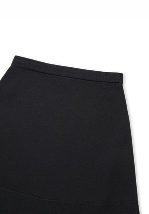 Jupe noire en tissu texturé, avec une taille ajustée et une silhouette lisse. L'ourlet est légèrement évasé.