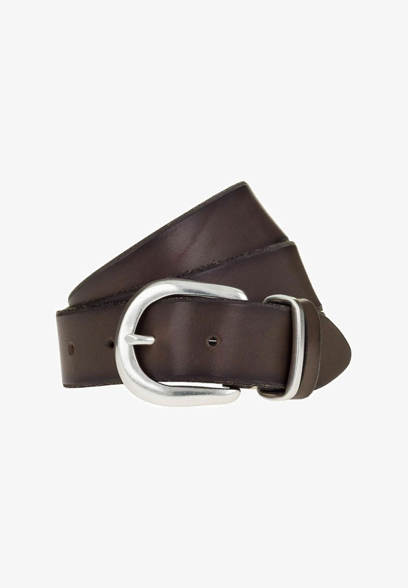 Ceinture en cuir marron avec une boucle arrondie de couleur argentée, présentant une texture lisse et plusieurs trous de réglage le long de sa longueur.