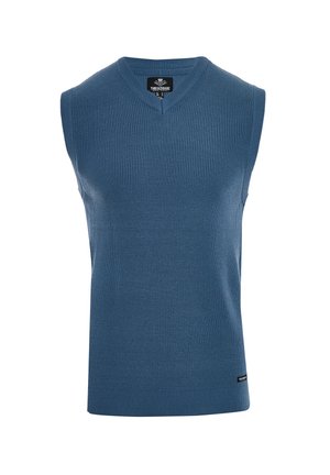 Mouwloos blauw gebreid vest met een V-hals ontwerp, voorzien van ribbelstructuur en een klein merklabel aan de onderzijde links.