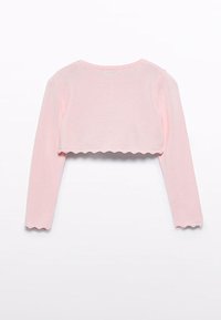 Maglione a crop top in morbido cotone rosa, con maniche lunghe e orlo a zigzag. Dots texturizzati sul retro per un dettaglio in più.