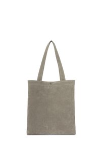 Sac en suède gris clair avec deux poignées et une fermeture à pression subtile. Texture lisse et design minimaliste, sans motifs visibles.