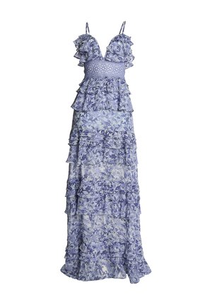 Maxi abito in azzurro chiaro con un motivo floreale, caratterizzato da volant a strati, scollatura a V e spalline regolabili.