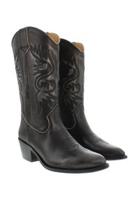 Black leather cowboy boots with pointed toes, detailed stitching on the shaft, and a block heel. Decorative embossing along the sides.