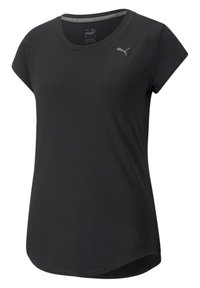 Svart t-shirt med kort ärm, tillverkad av mjukt tyg, med rund halsringning och en liten grå logotyp på övre vänstra sidan.