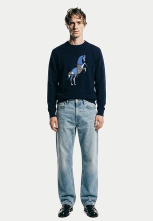 Junger Mann, der einen dunkelblauen Pullover mit einem geometrischen blauen Pferdemotiv, hellblaue Jeans und schwarze Schuhe trägt, steht vor einem weißen Hintergrund.