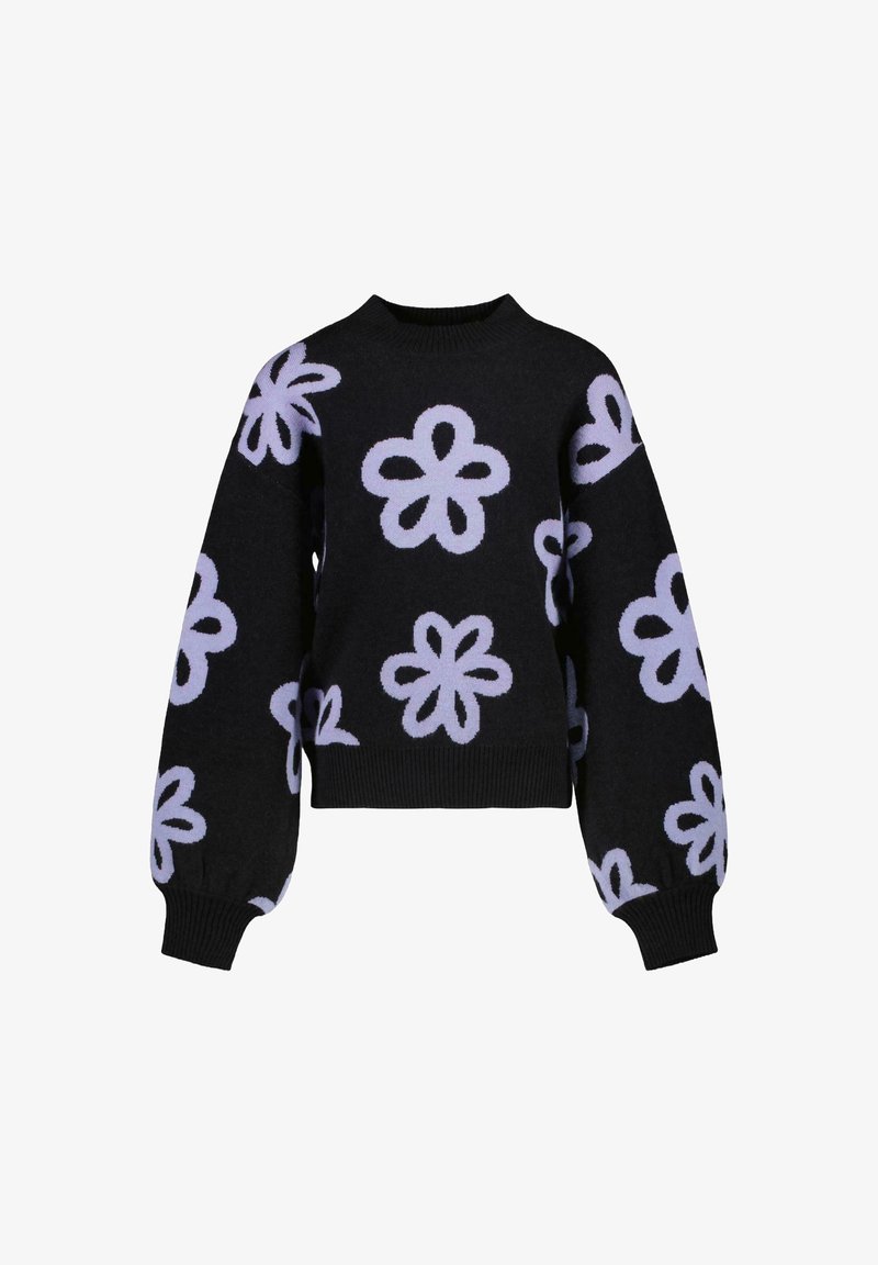 Zwarte gebreide trui met lichtpaarse bloemenpatronen, voorzien van een ronde halslijn en ballonmouwen, elastische manchetten en een cropped lengte.