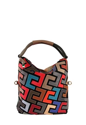 Multicolored fabric handbag featuring a geometric pattern with red, blue, and brown accents. Soft leather handle, slouchy design.