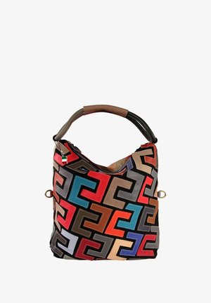 Multicolored fabric handbag featuring a geometric pattern with red, blue, and brown accents. Soft leather handle, slouchy design.