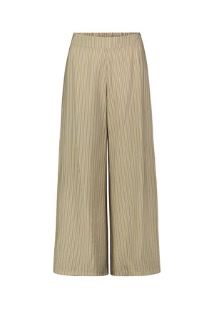 Wide-leg beige pants with white vertical stripes and an elastic waistband, cropped length, displayed on a white background.