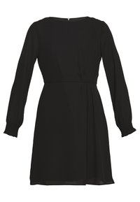 Robe noire à manches longues, encolure ronde et détail plissé à l'avant. Confectionnée en tissu léger avec une couture à la taille et des poignets froncés.