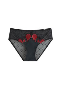 Sort gennemsigtig polka dot undertøj med solidt stof foran og rød broderet rosen floral design hen over den øverste front.