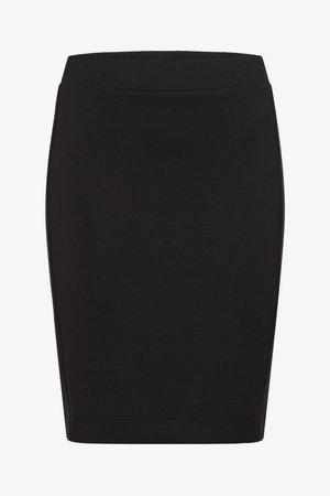 Fekete ceruza szoknya rugalmas anyagból, sima felülettel, testhezálló fazonnal és észrevétlen rögzítéssel ellátott derékrésszel.