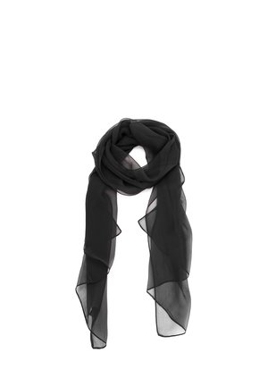 Sciarpa di chiffon nera trasparente, piegata liberamente con estremità fluide su sfondo bianco.