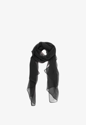 Sciarpa di chiffon nera trasparente, piegata liberamente con estremità fluide su sfondo bianco.