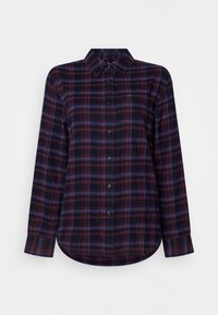 Camicia di flanella a quadri in blu navy scuro e bordeaux, con chiusura a bottoni frontalmente, maniche lunghe e una tasca sul petto. Tessuto morbido.