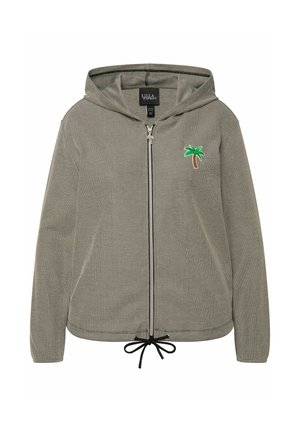 Leichte graue Zip-Hoodie aus strukturiertem Stoff, mit einer kleinen grünen Palme stickerei und verstellbarem Kordelzug am Saum.