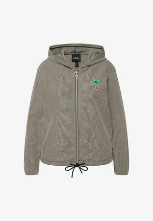 Leichte graue Zip-Hoodie aus strukturiertem Stoff, mit einer kleinen grünen Palme stickerei und verstellbarem Kordelzug am Saum.