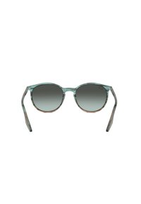 Occhiali da sole rotondi con una montatura traslucida di colore blu chiaro, lenti grigie a gradiente e aste decorate. Costruzione resistente e leggera.