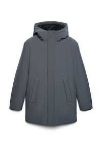 Cappotto invernale grigio con cappuccio, dotato di zip frontale nascosta da una patta e due tasche laterali inclinate, esposto su uno sfondo bianco.