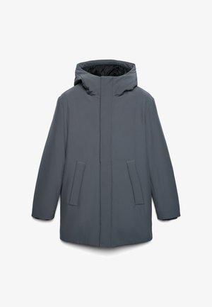 Gray hooded winter coat with front zipper concealed by flap and two slanted side pockets, displayed against a white background.