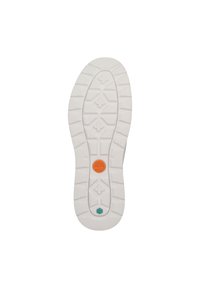 Semelle de chaussure en caoutchouc blanc avec un motif de semelle texturé, présentant un logo circulaire orange et des accents en vert et bleu.